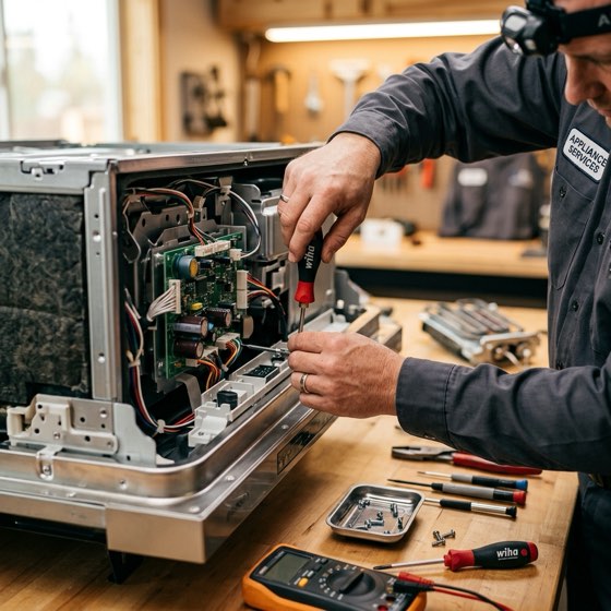 Appliance repair technician performing a detailed component repair