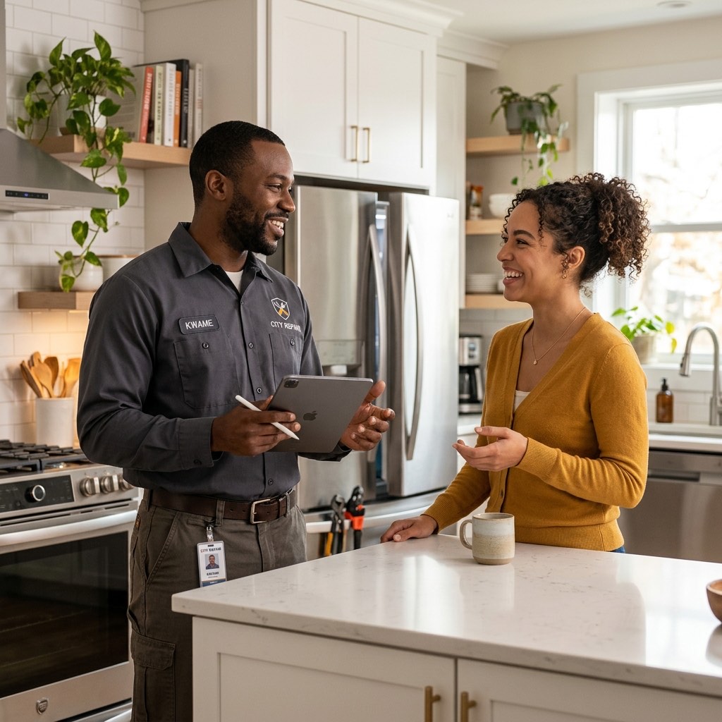 Friendly appliance repair technician talking with a customer in a modern kitchen