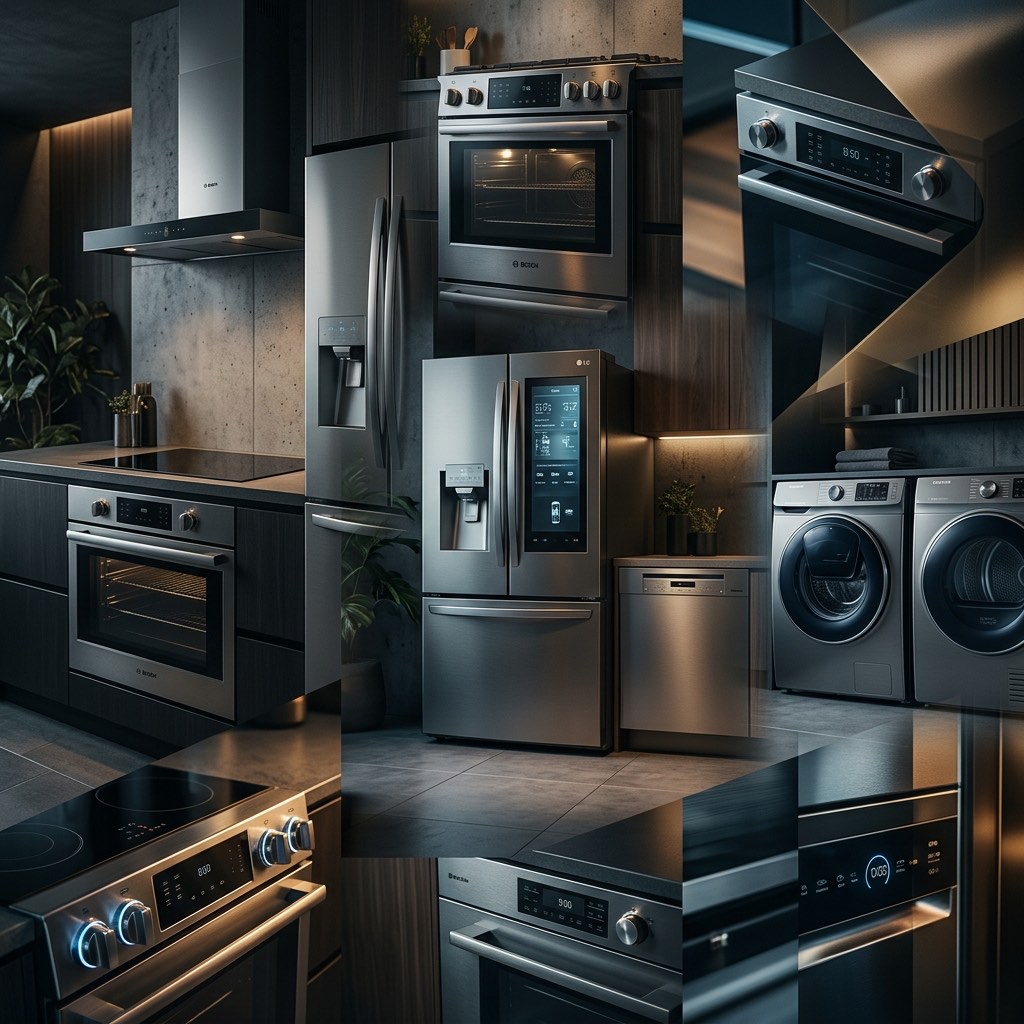 Collage of modern stainless steel home appliances including refrigerators, ovens, and washers